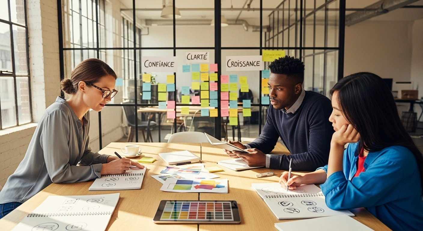 Bureau de designer avec des croquis de logo, une palette de couleurs et le logo final sur un écran.