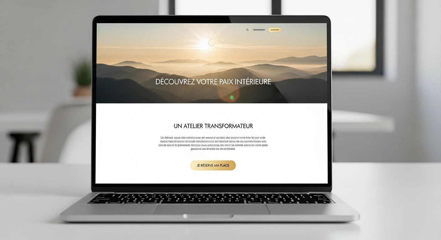 Maquette d'une page d'événement claire et professionnelle sur un ordinateur portable.