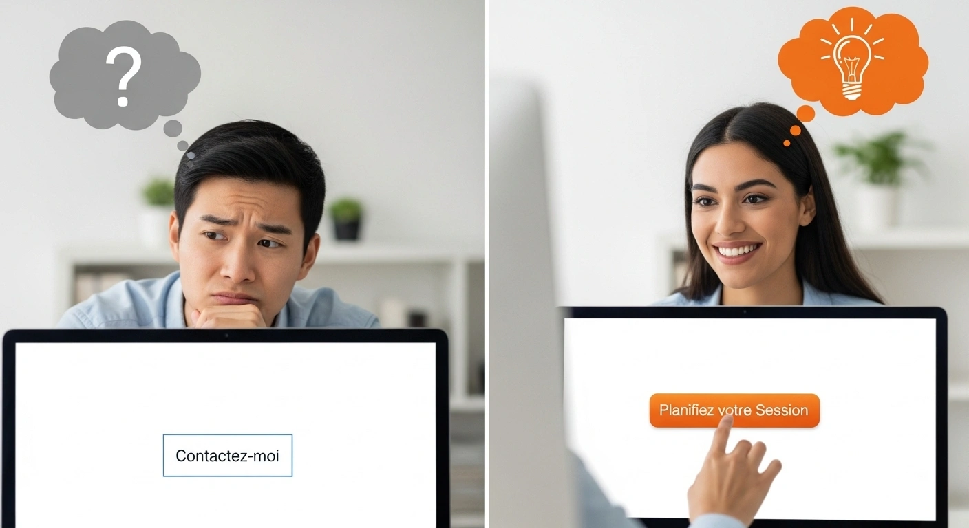 Comparaison visuelle entre un bouton 'Contactez-moi' et un bouton 'Planifiez votre Session Stratégique'