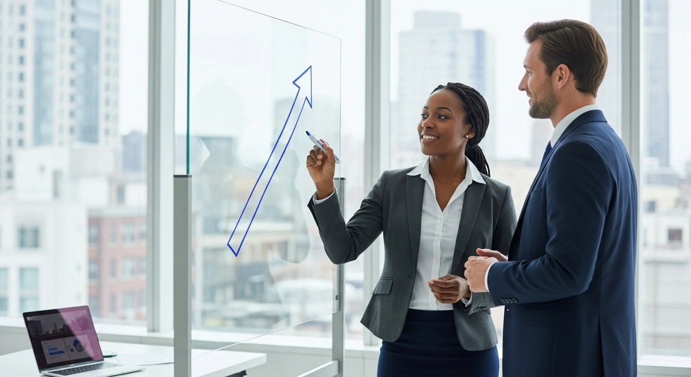 Consultant expert guidant un client vers une solution claire, symbolisant un bon appel à l'action