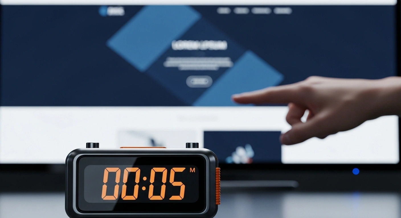 Un dirigeant pressé scanne une page d'accueil, symbolisant le test des 5 secondes