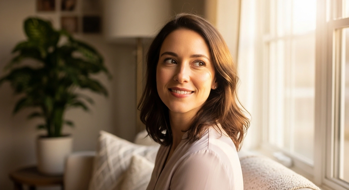 Personne souriante et sereine après une séance, illustrant la confiance établie.