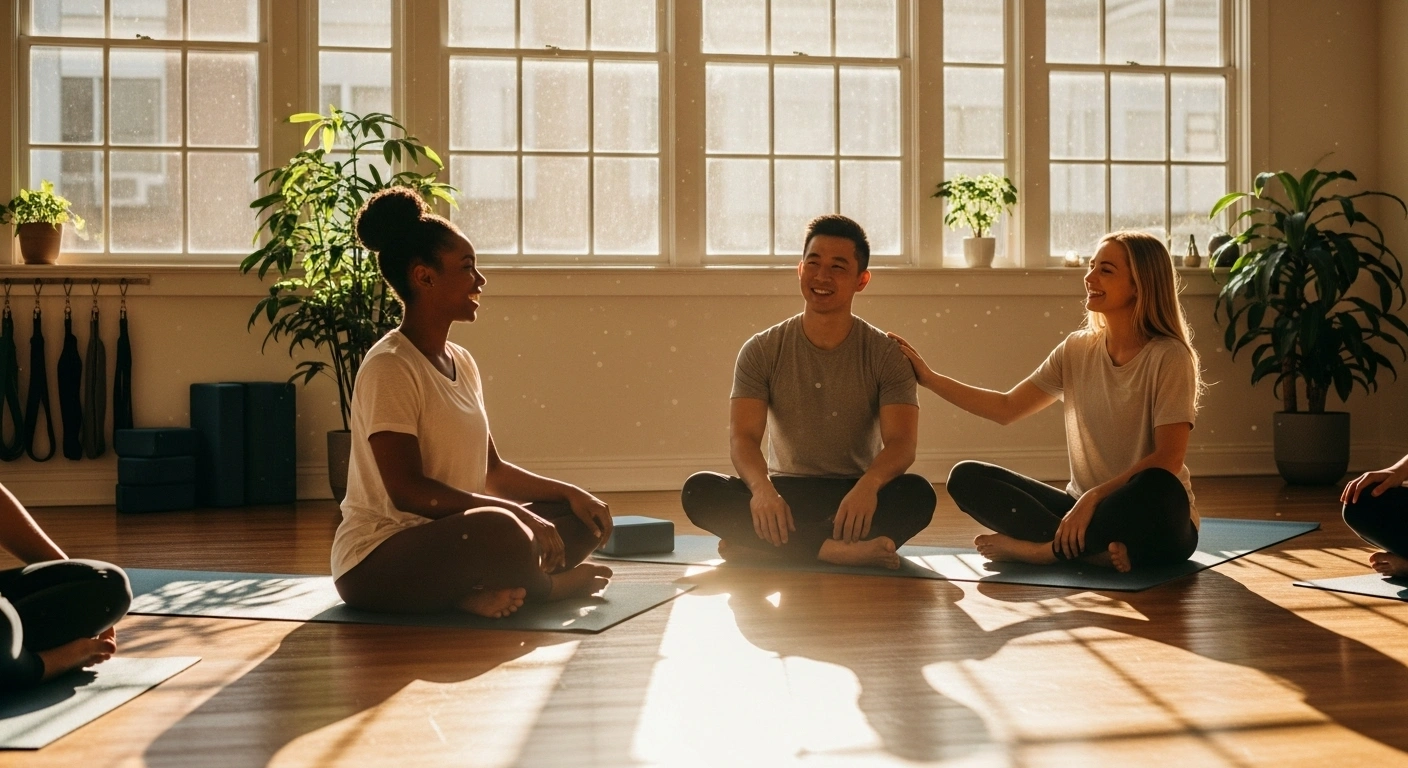 Personne souriante et détendue pendant un cours de yoga, symbolisant l'expérience positive