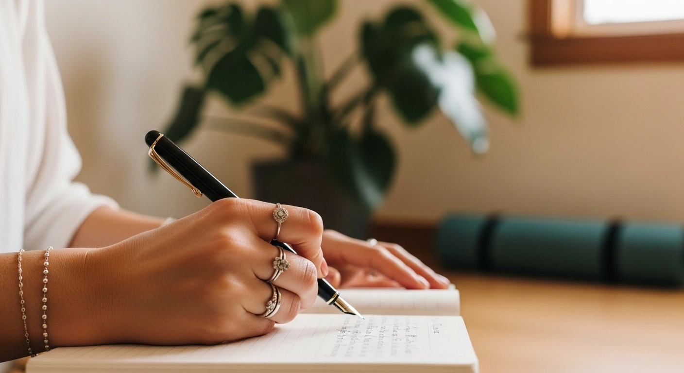 Main écrivant sur un carnet avec un tapis de yoga et une tasse de thé à côté