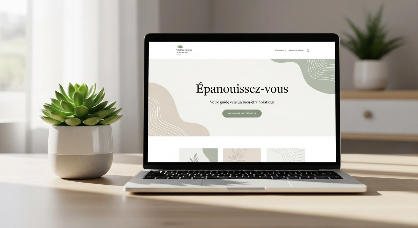 Maquette d'un site web au design épuré et apaisant, illustrant le concept de calme visuel et de bienveillance.