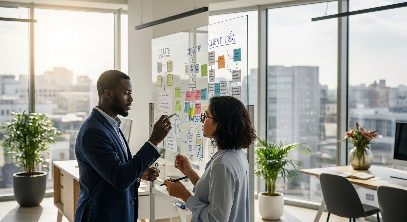 Deux entrepreneurs collaborant devant un tableau blanc, se concentrant sur la stratégie et la valeur réelle d'un site web.