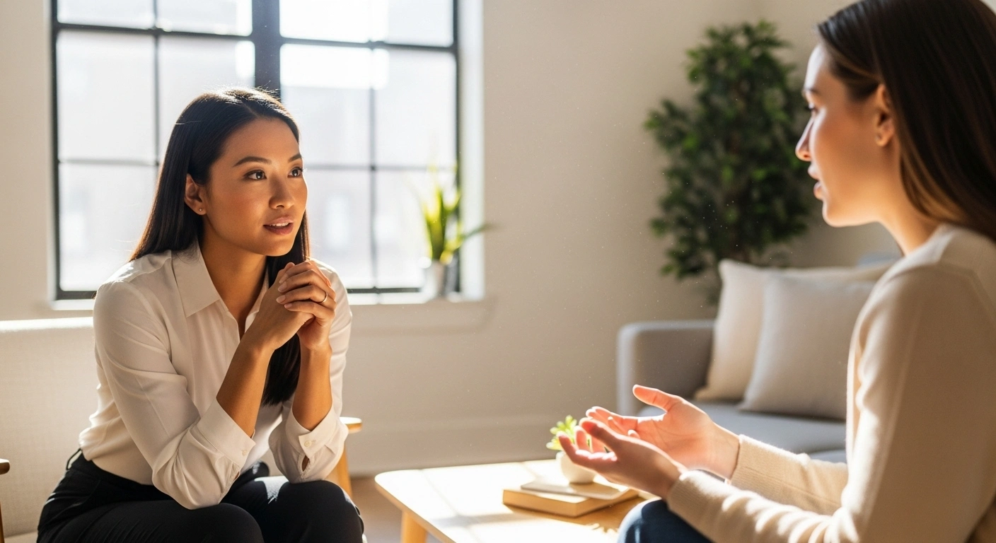 Deux personnes engagées dans une conversation authentique, représentant la confiance et la connexion créées par la transparence.
