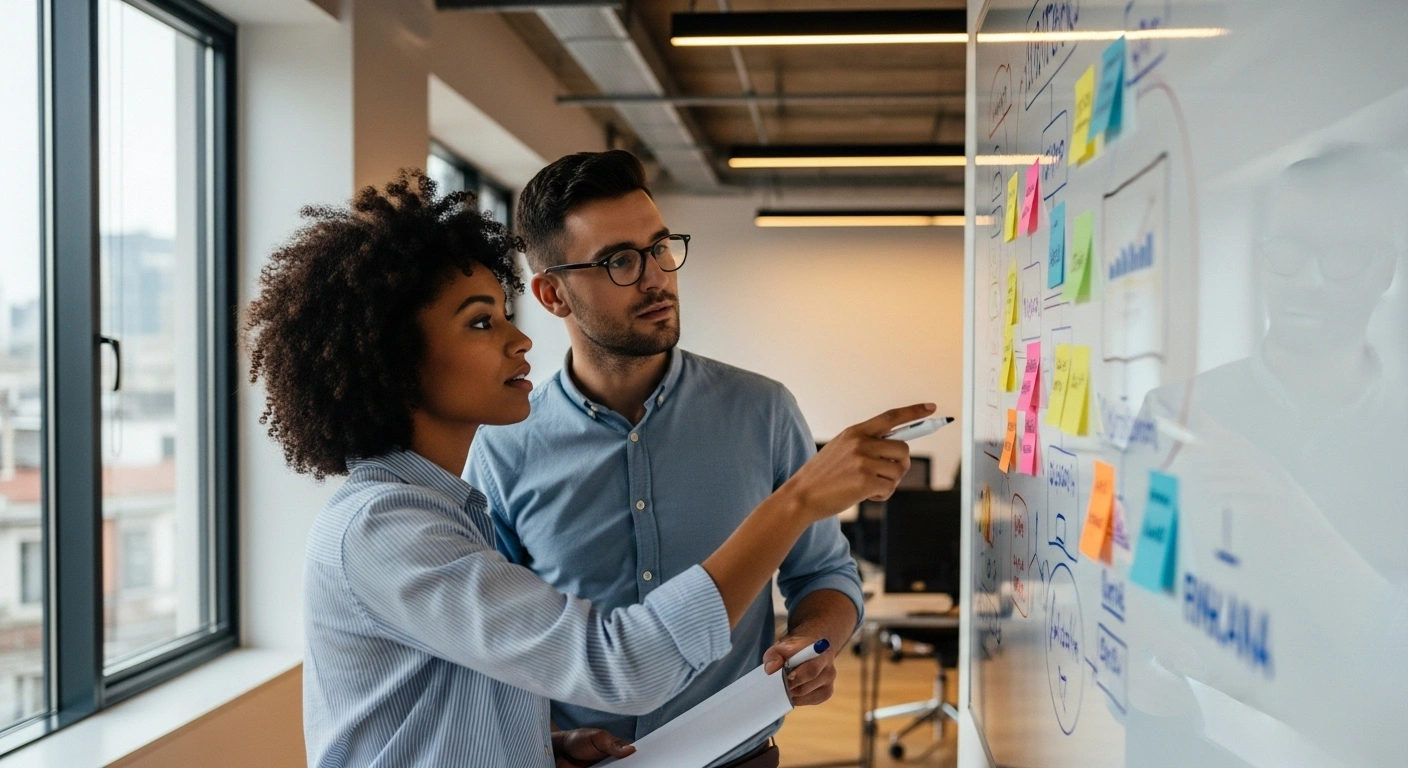 Deux professionnels collaborant sereinement sur un projet, illustrant le succès d'un bon onboarding.