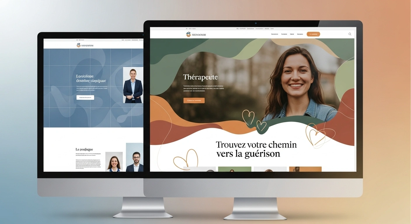 Comparaison entre un plan de site web technique et froid et un site web vivant et chaleureux.