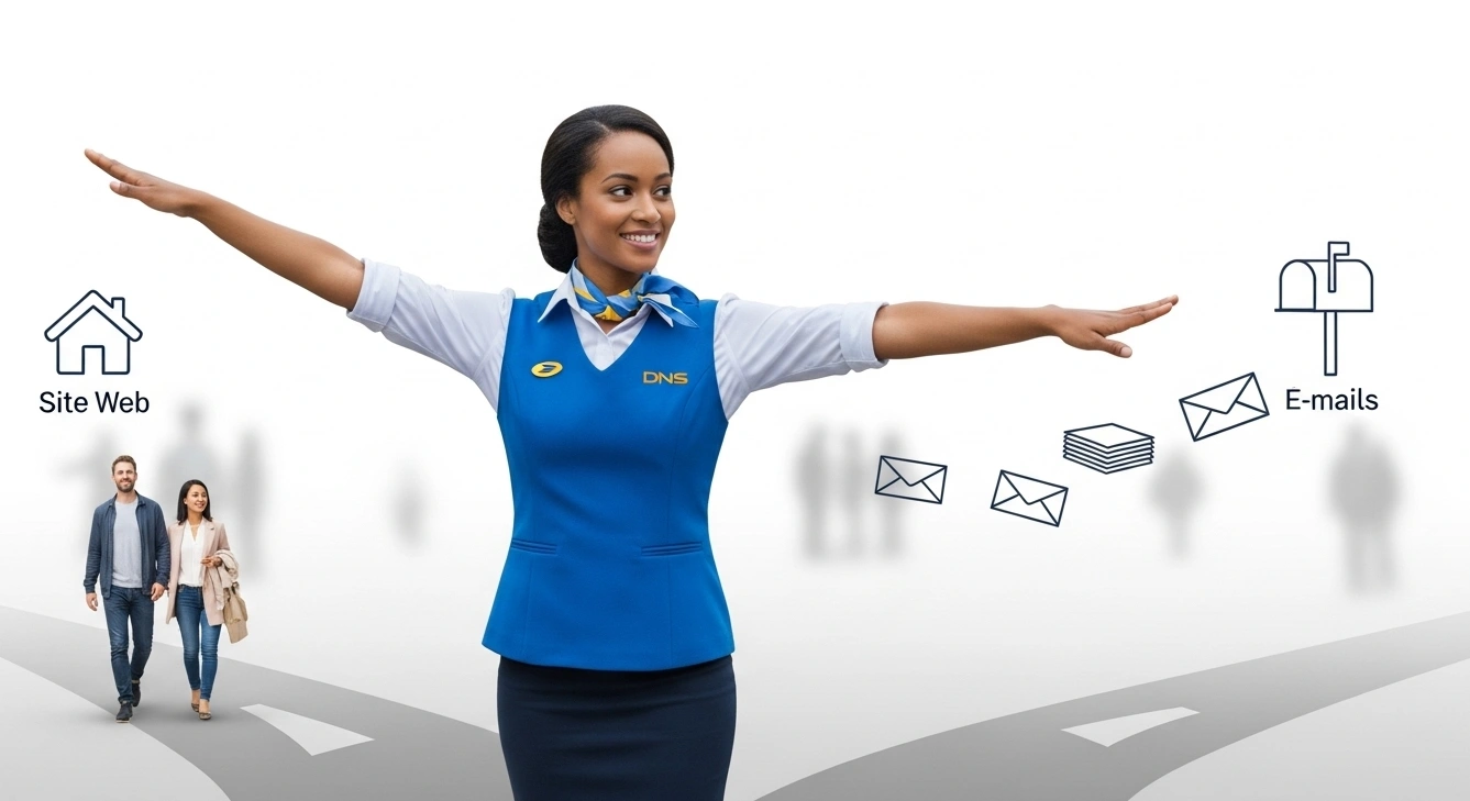 Illustration d'un facteur (DNS) qui dirige les visiteurs vers le site et les e-mails vers la boîte aux lettres
