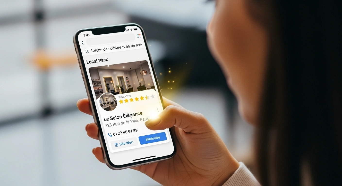 Loupe sur une carte de ville, mettant en évidence une Fiche d'Établissement Google.