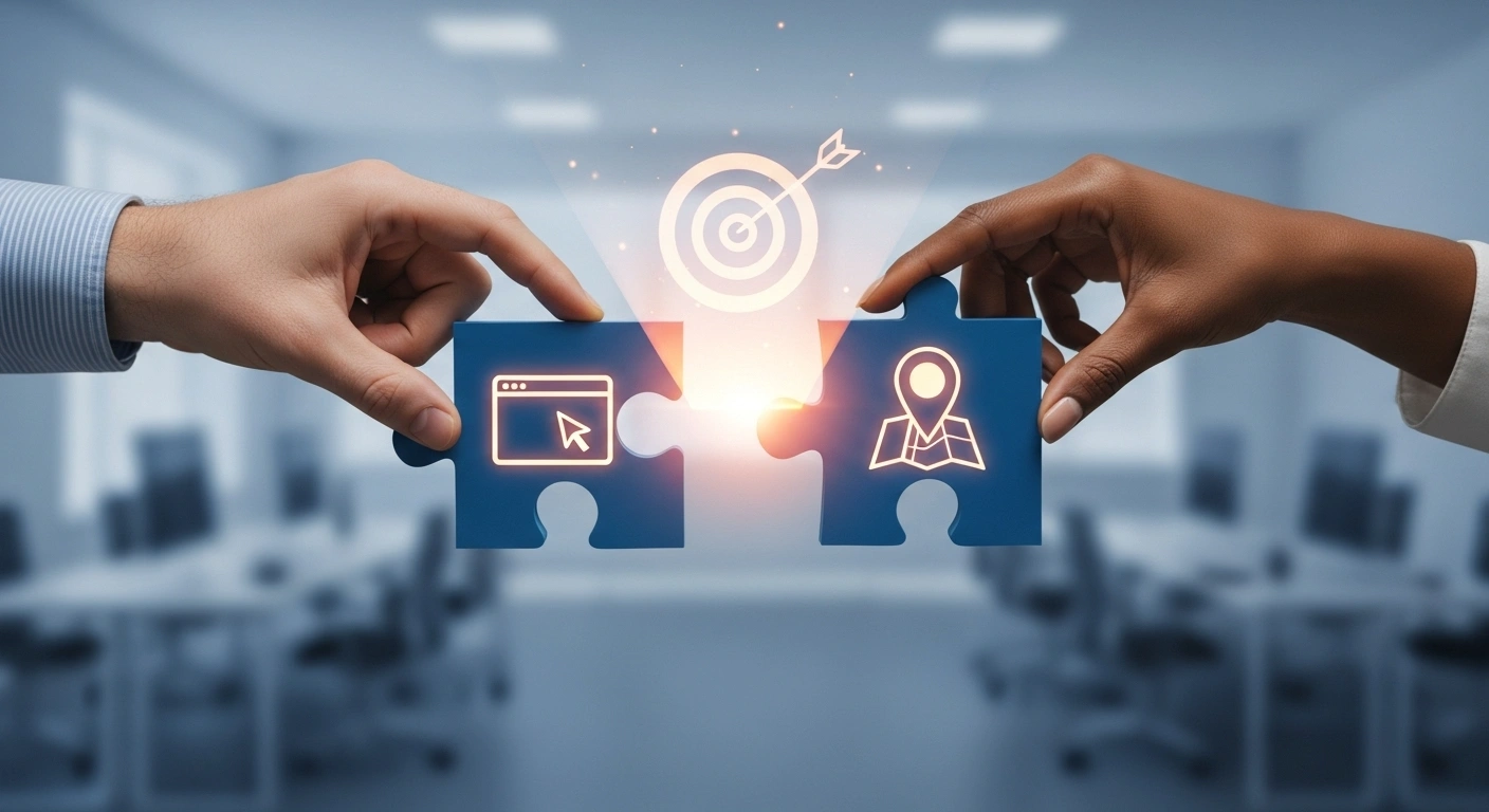 Pièces de puzzle avec une icône de site web et de Google Maps s'emboîtant pour former une cible atteinte.