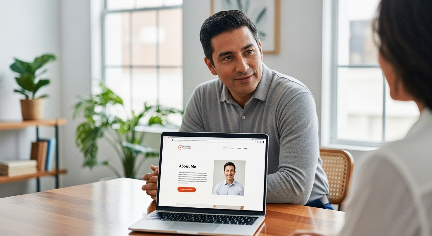 Site web professionnel sur un ordinateur portable, montrant une section 'À Propos' créant une connexion humaine.
