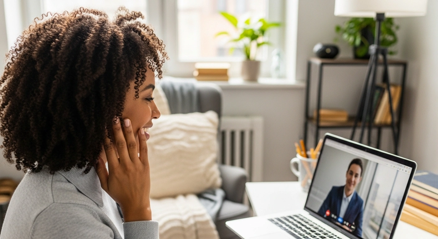 Personne ayant une prise de conscience lors d'un appel découverte, montrant la valeur immédiate d'une conversation.