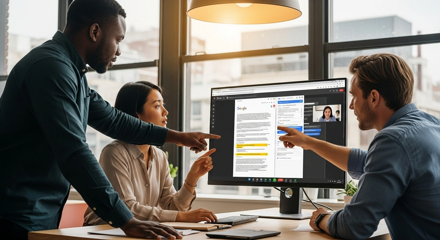 Écran montrant l'intégration entre Gmail, Google Drive, Google Docs et Google Meet, symbolisant l'écosystème Google.