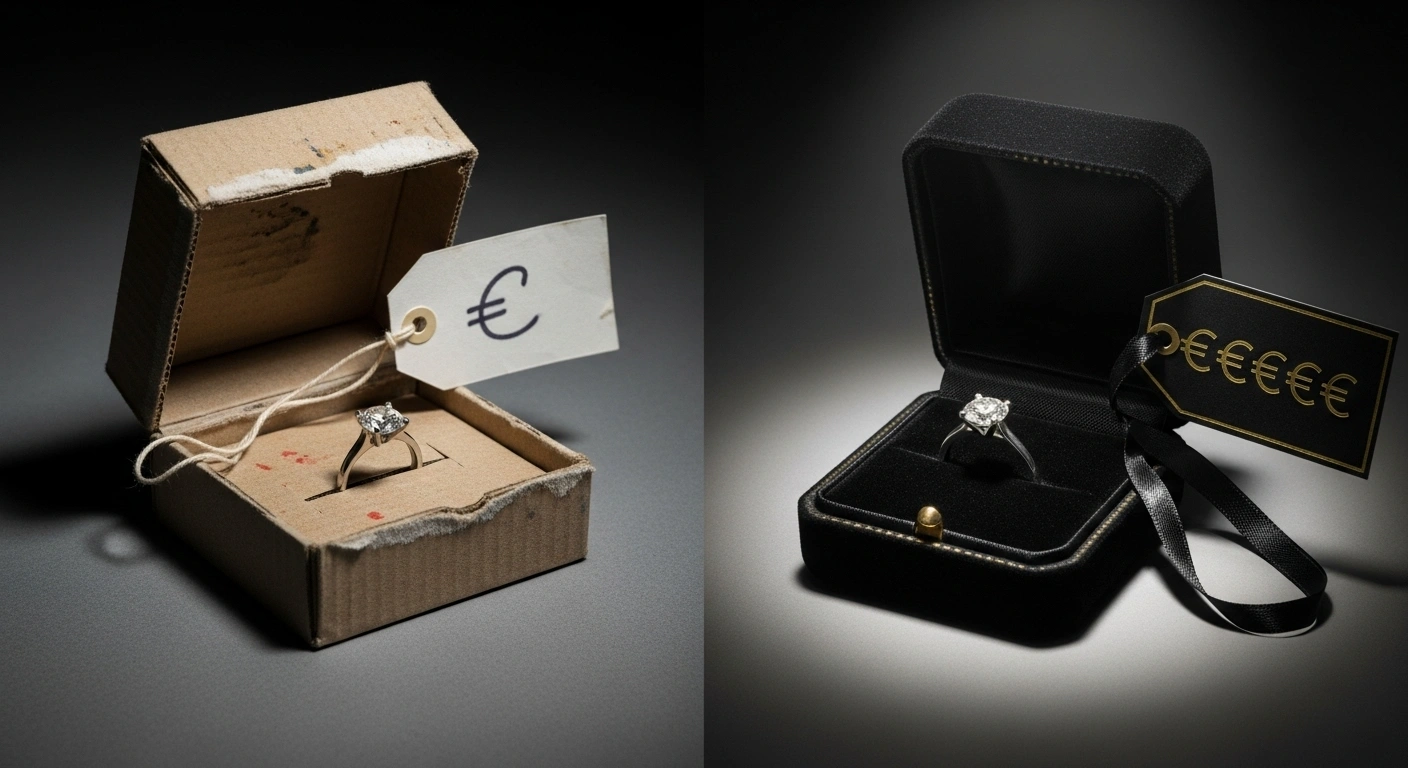 Montage comparatif montrant un diamant dans un écrin luxueux avec un prix élevé et le même diamant sans écrin avec un prix bas, symbolisant la valeur perçue par un site web.