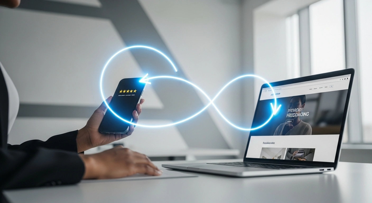 Illustration conceptuelle de deux engrenages, l'un marqué 'Avis Google' et l'autre 'Site Web', s'entraînant mutuellement pour symboliser l'effet boule de neige.