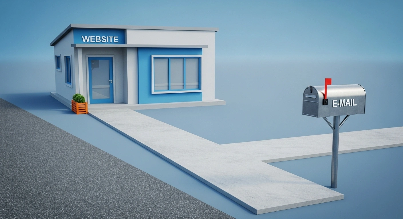 Analogie d'une maison (site web) et d'une boîte aux lettres (service e-mail) séparées