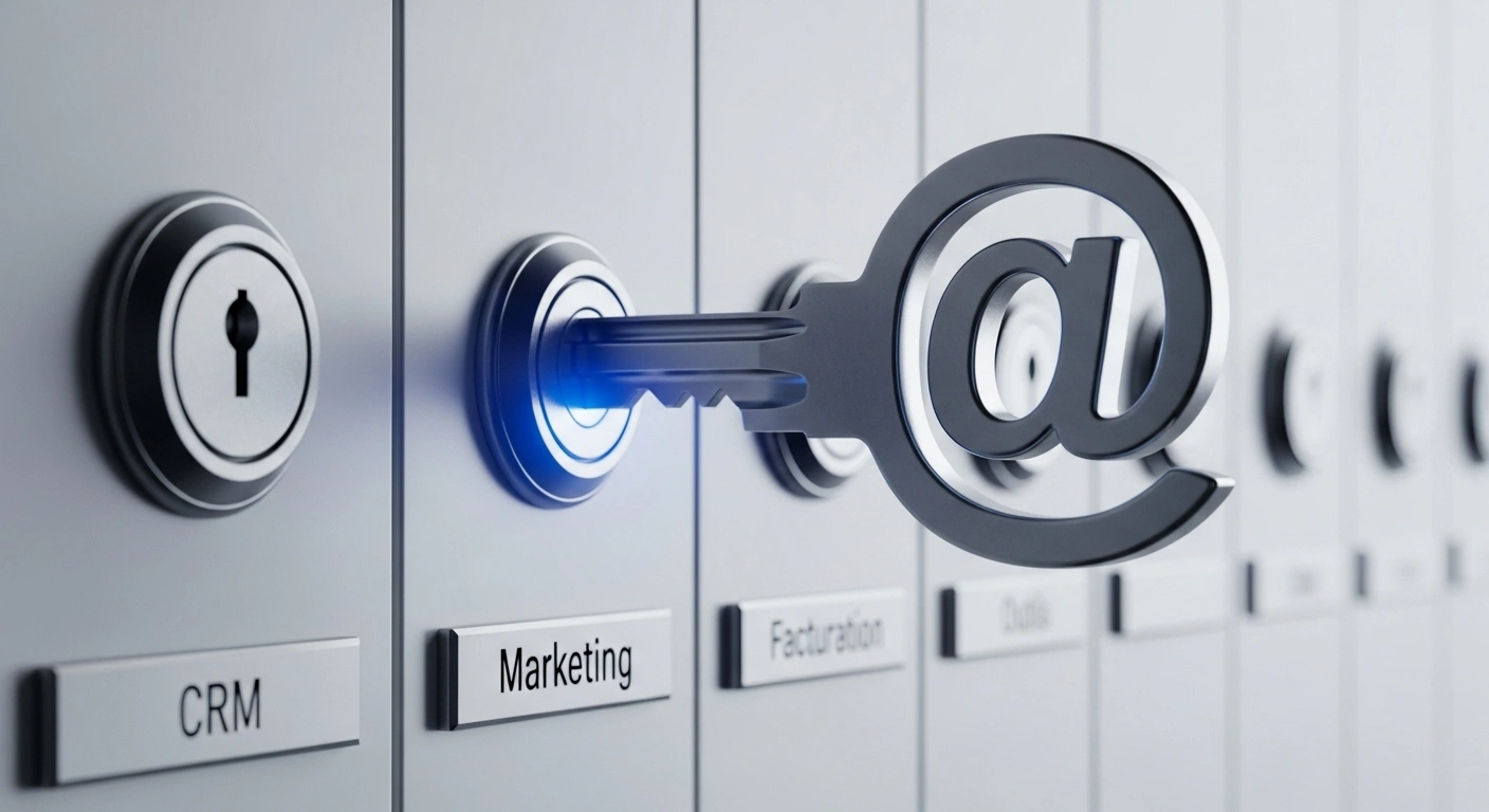 Clé maîtresse avec l'icône @ ouvrant plusieurs serrures étiquetées CRM, Marketing, Facturation