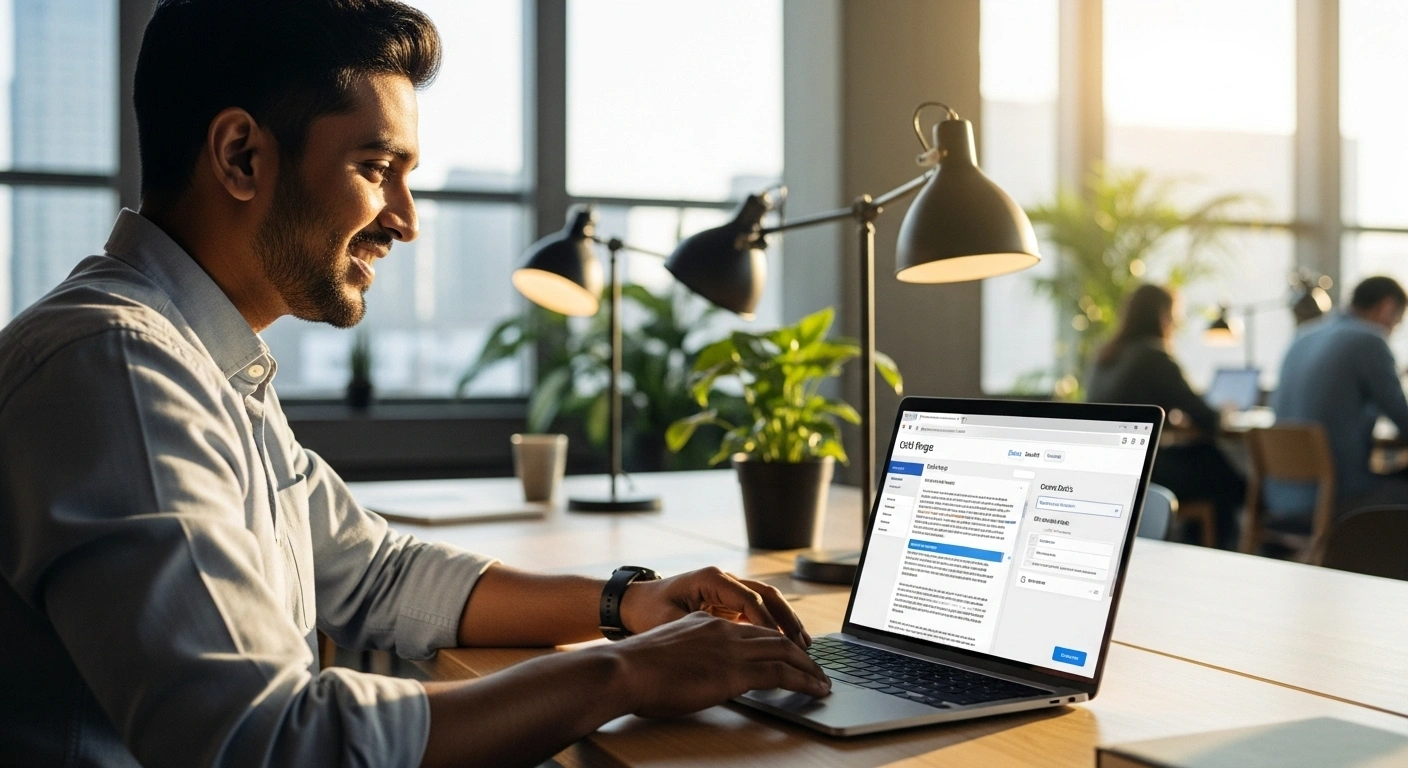 Entrepreneur modifiant son site web avec facilité sur son ordinateur, symbolisant la tranquillité d'esprit