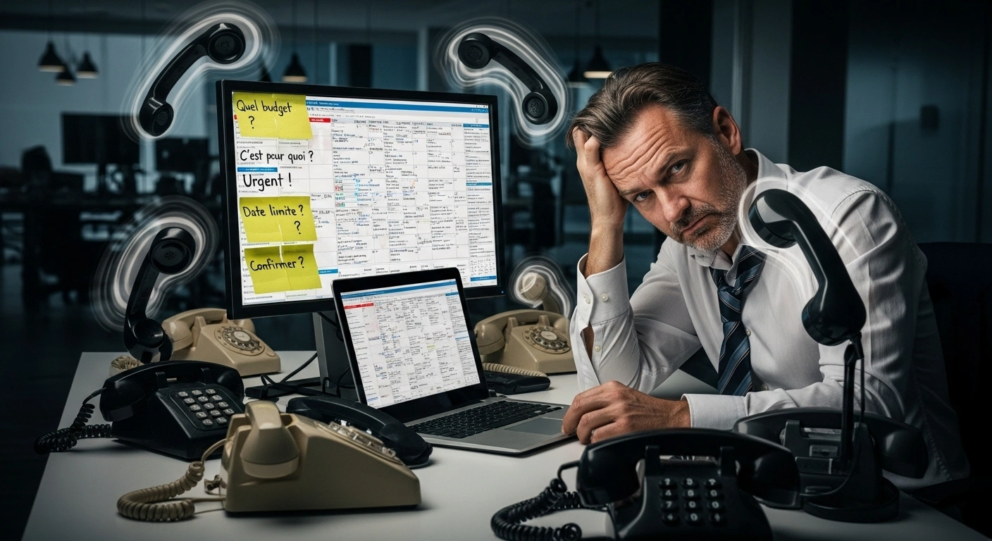 Entrepreneur stressé et submergé par des appels téléphoniques de prospects non qualifiés