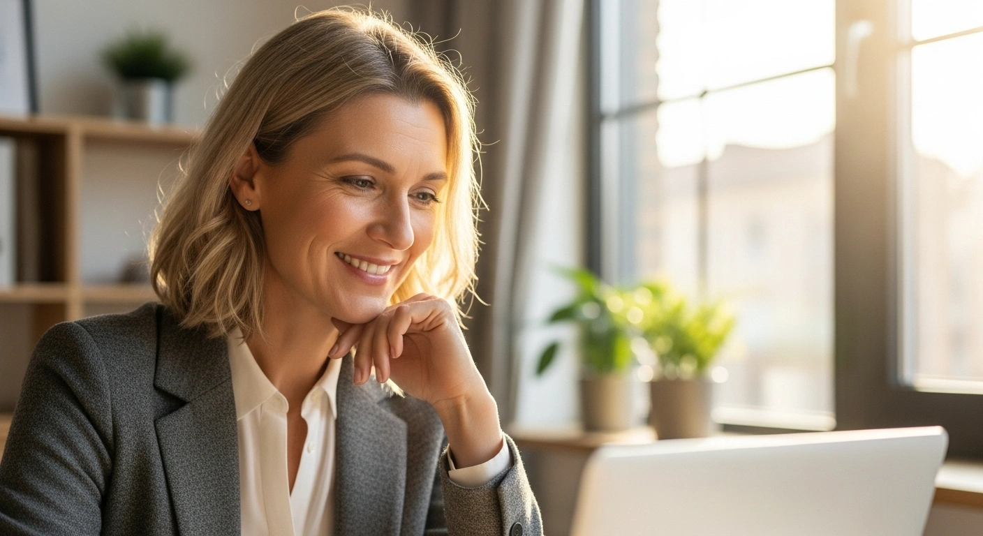 Entrepreneur souriant en regardant son ordinateur, symbolisant la compréhension et la satisfaction face aux résultats de son site.