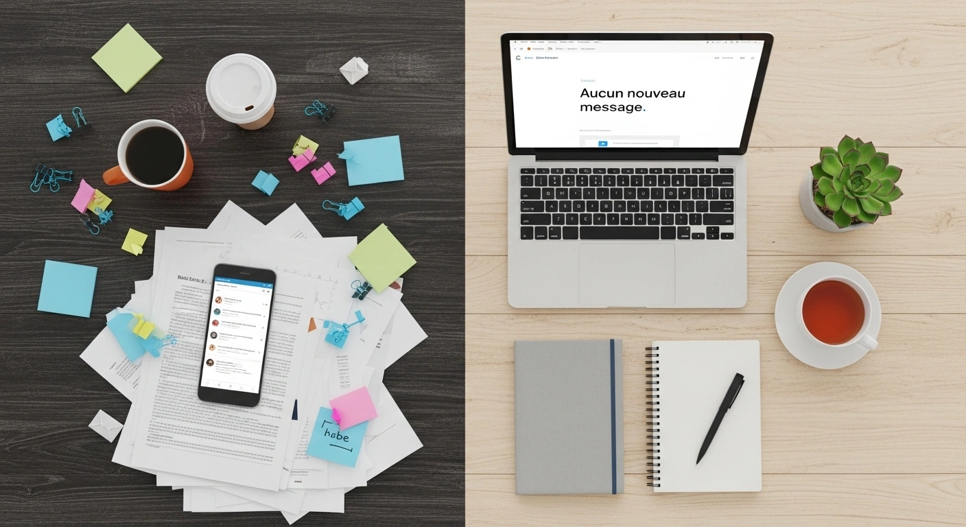 Comparaison entre un entrepreneur stressé par ses emails et un autre serein avec une boîte de réception vide