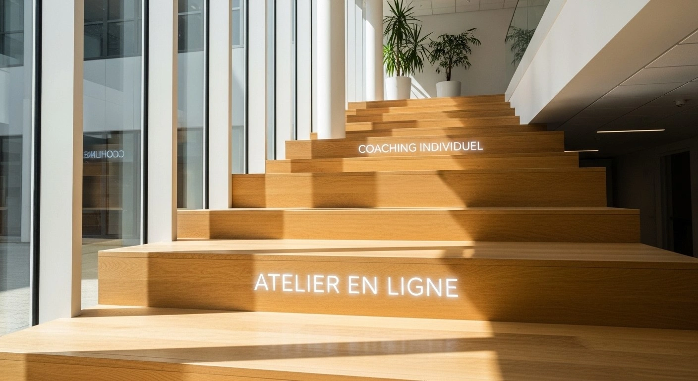 Escalier symbolisant un parcours client structuré, de l'atelier au coaching