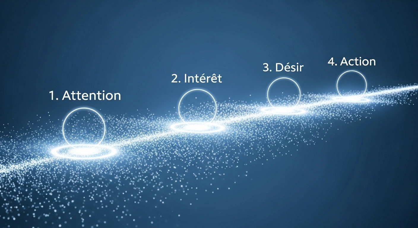 Illustration des 4 étapes du tunnel de vente : Attention, Intérêt, Désir, Action.