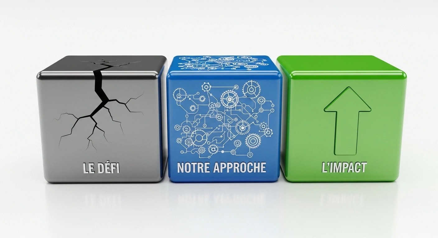 Schéma visuel montrant les trois actes d'une étude de cas : Défi, Approche, Impact.