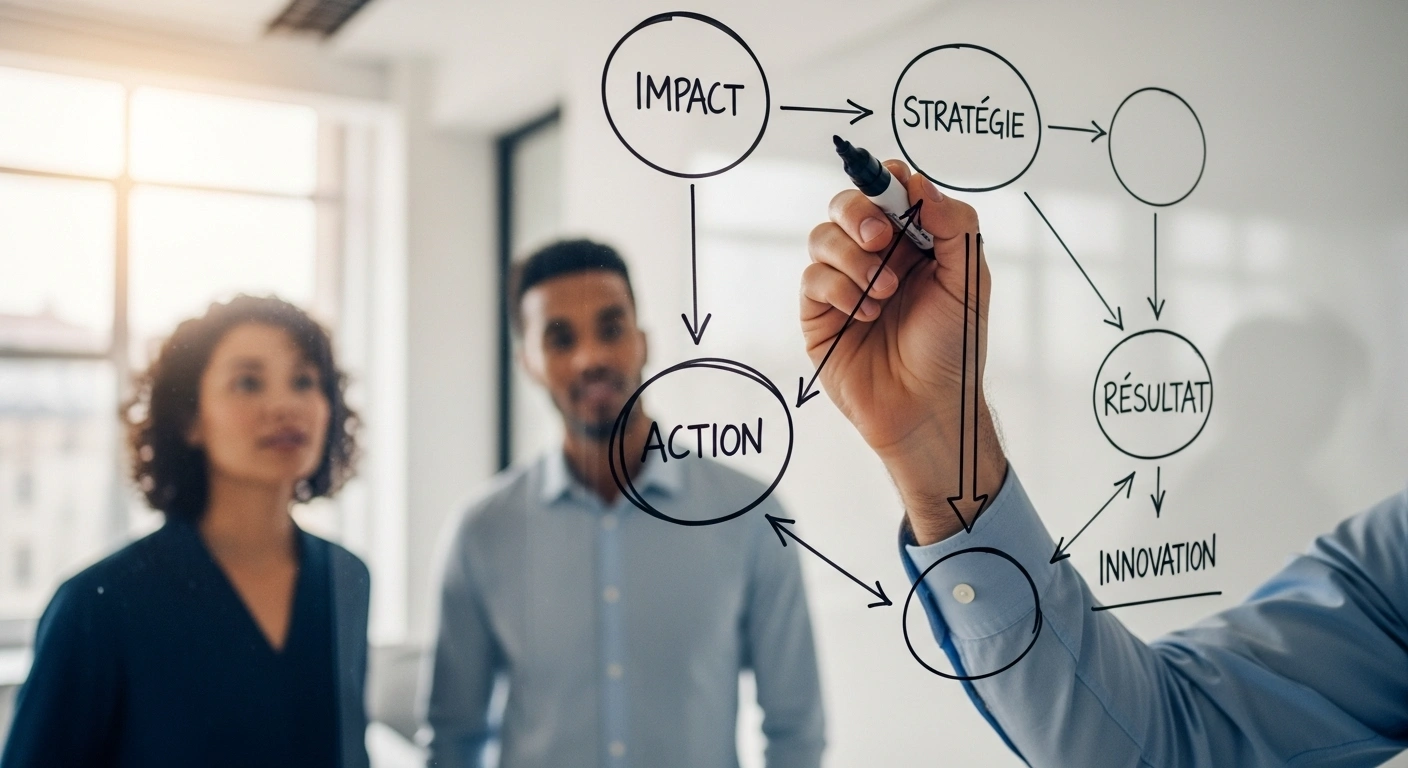 Expert dessinant un framework sur un tableau blanc, créant sa propriété intellectuelle