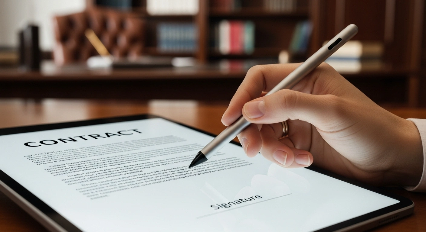 Main signant un contrat de manière électronique sur une tablette.