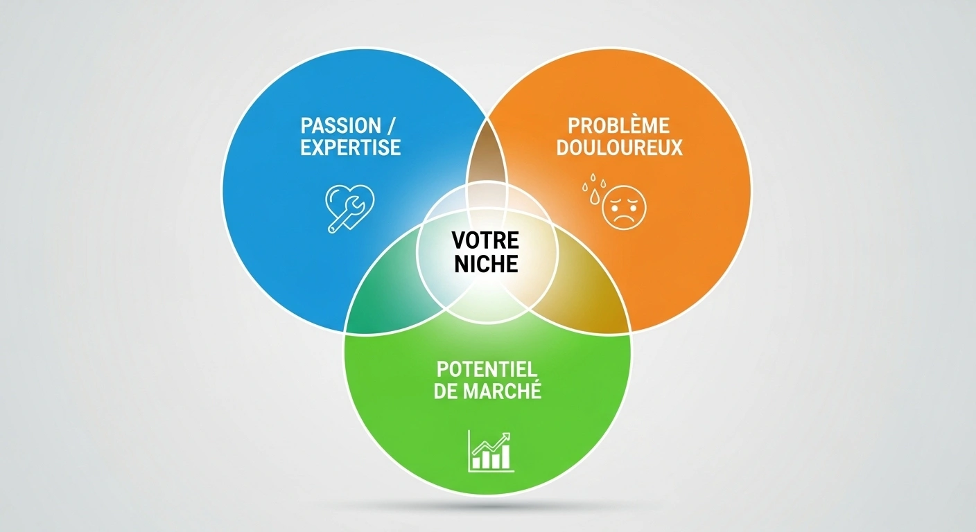 Diagramme de Venn avec trois cercles qui s'intersectent : Passion/Expertise, Problème Douloureux, Potentiel de Marché.