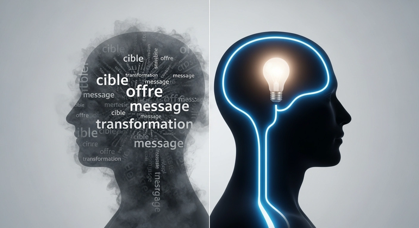 Illustration conceptuelle montrant la transformation d'un message confus en une idée claire grâce à l'Atelier de Clarté.