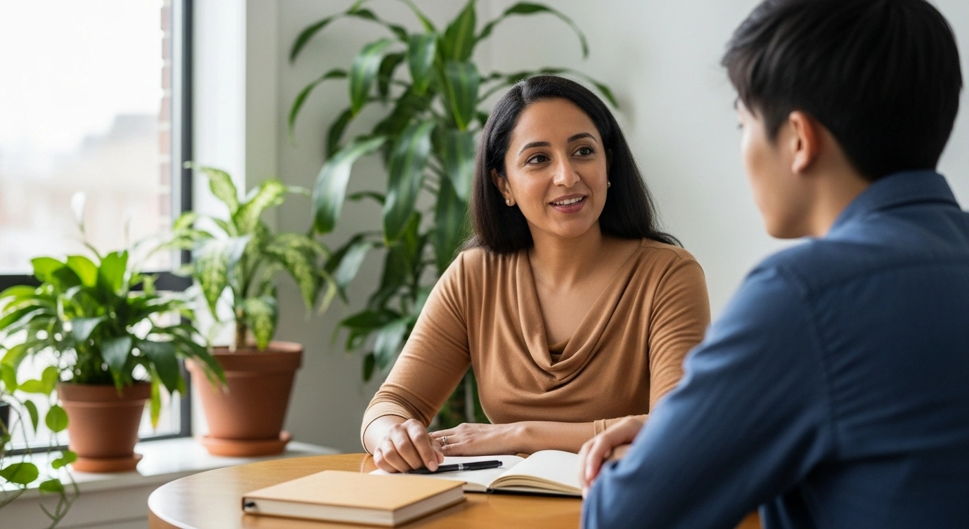 Deux personnes en conversation, l'une écoutant attentivement l'autre, symbolisant une FAQ empathique.