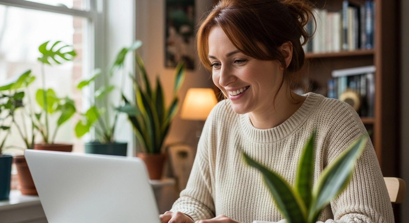 Femme rédigeant un email avec une expression chaleureuse, évoquant une conversation personnelle
