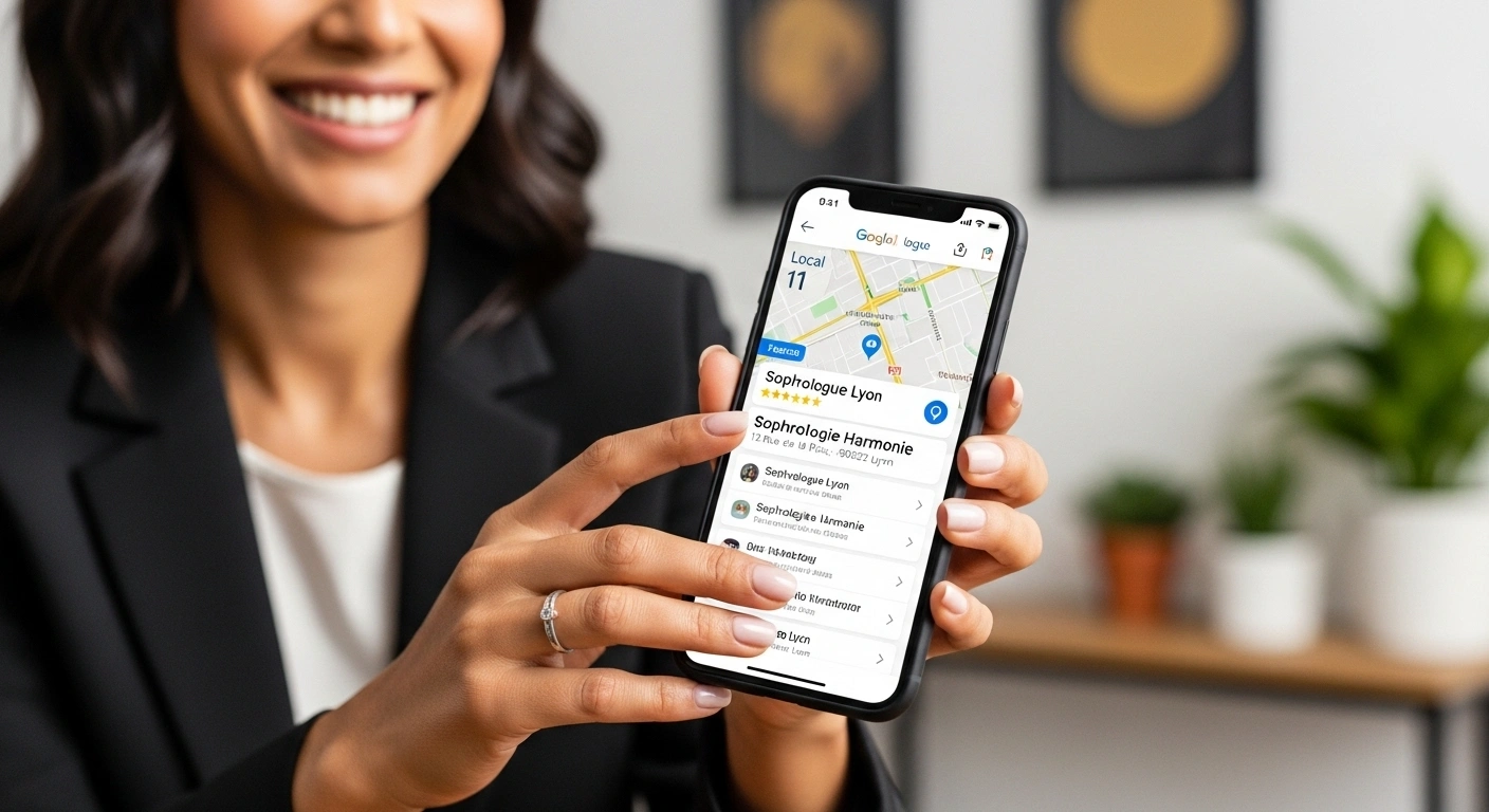 Smartphone affichant une fiche d'établissement Google bien classée dans les résultats de recherche locaux.