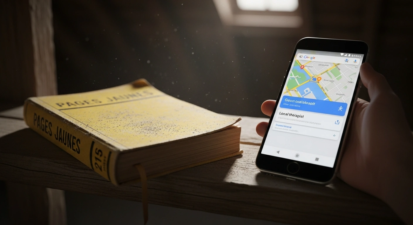 Un vieil annuaire Pages Jaunes à côté d'un smartphone affichant une recherche locale sur Google Maps