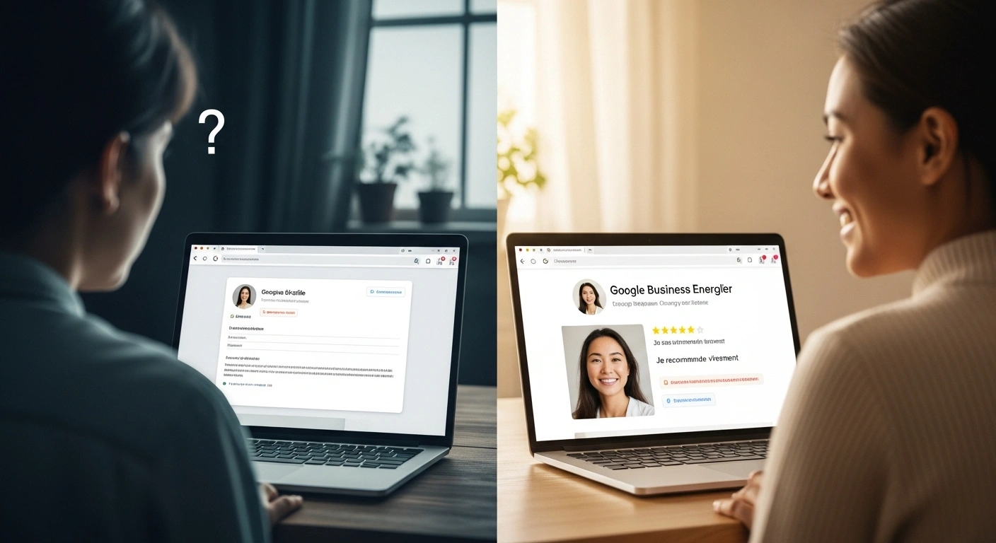 Comparaison d'une fiche Google Business chaleureuse et d'une fiche vide, symbolisant la congruence ou la dissonance énergétique.