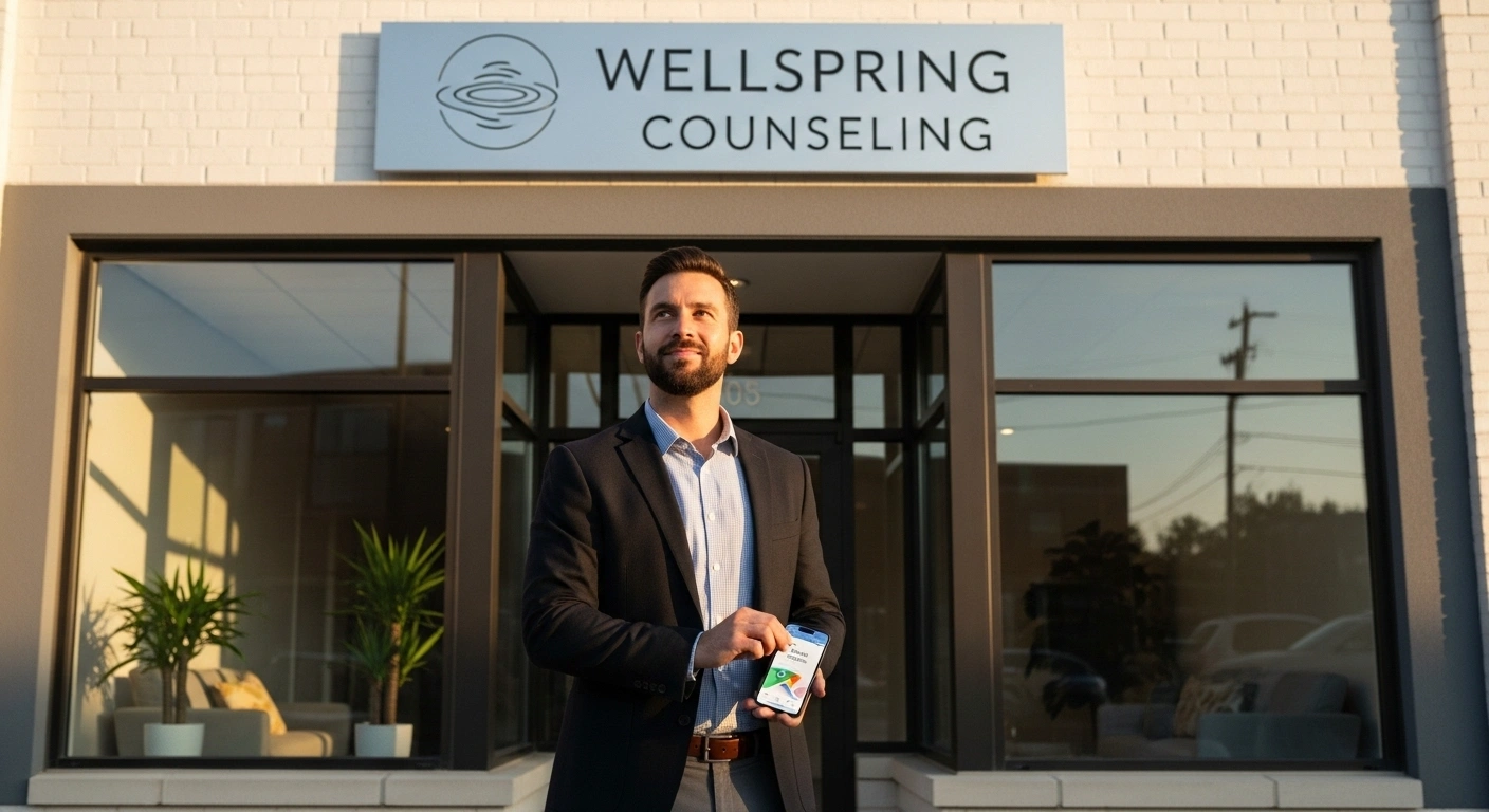 Une personne trouvant facilement un commerce local sur son téléphone grâce à une fiche Google bien optimisée.