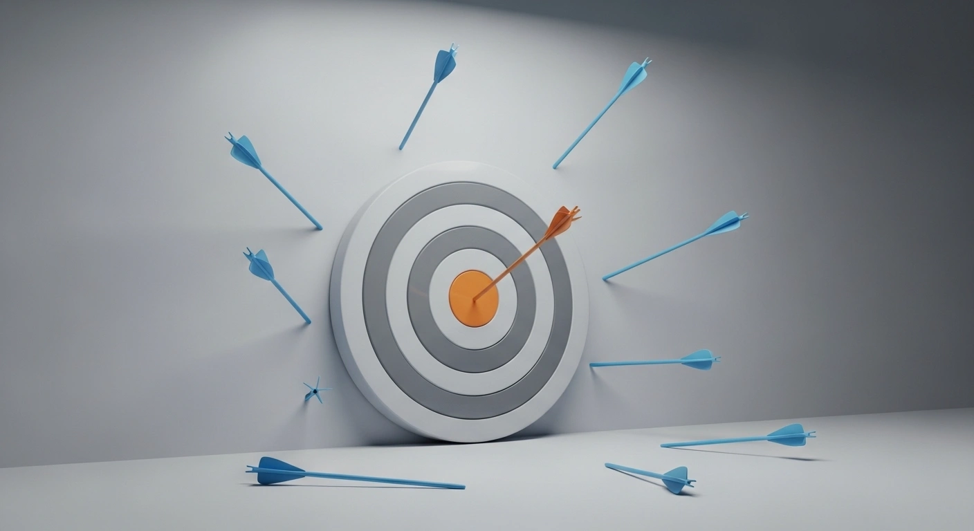 Flèche unique et précise atteignant le centre d'une cible, symbolisant un clic qualifié de Google Maps, à côté de plusieurs flèches diffuses manquant la cible, représentant le trafic de blog.
