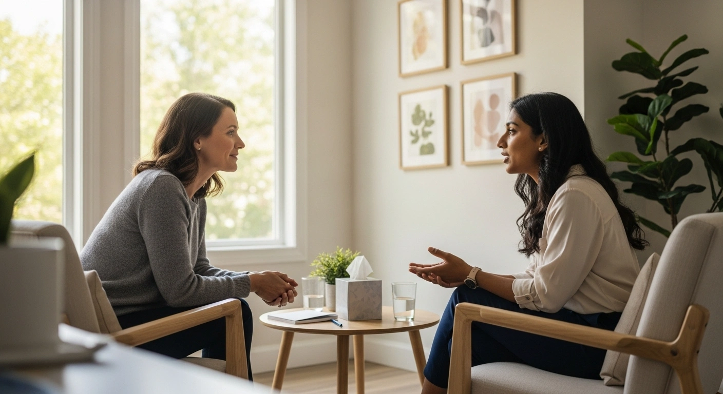 Une coach souriante parlant à un client qui a l'air soulagé et compris, symbolisant la connexion avec la bonne cible.