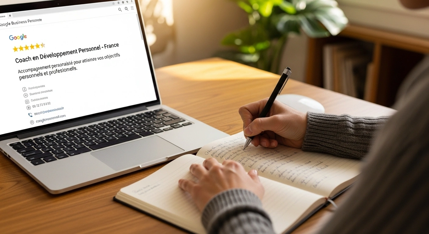 Capture d'écran d'une fiche Google Business avec la section description mise en évidence à côté d'un carnet de notes.