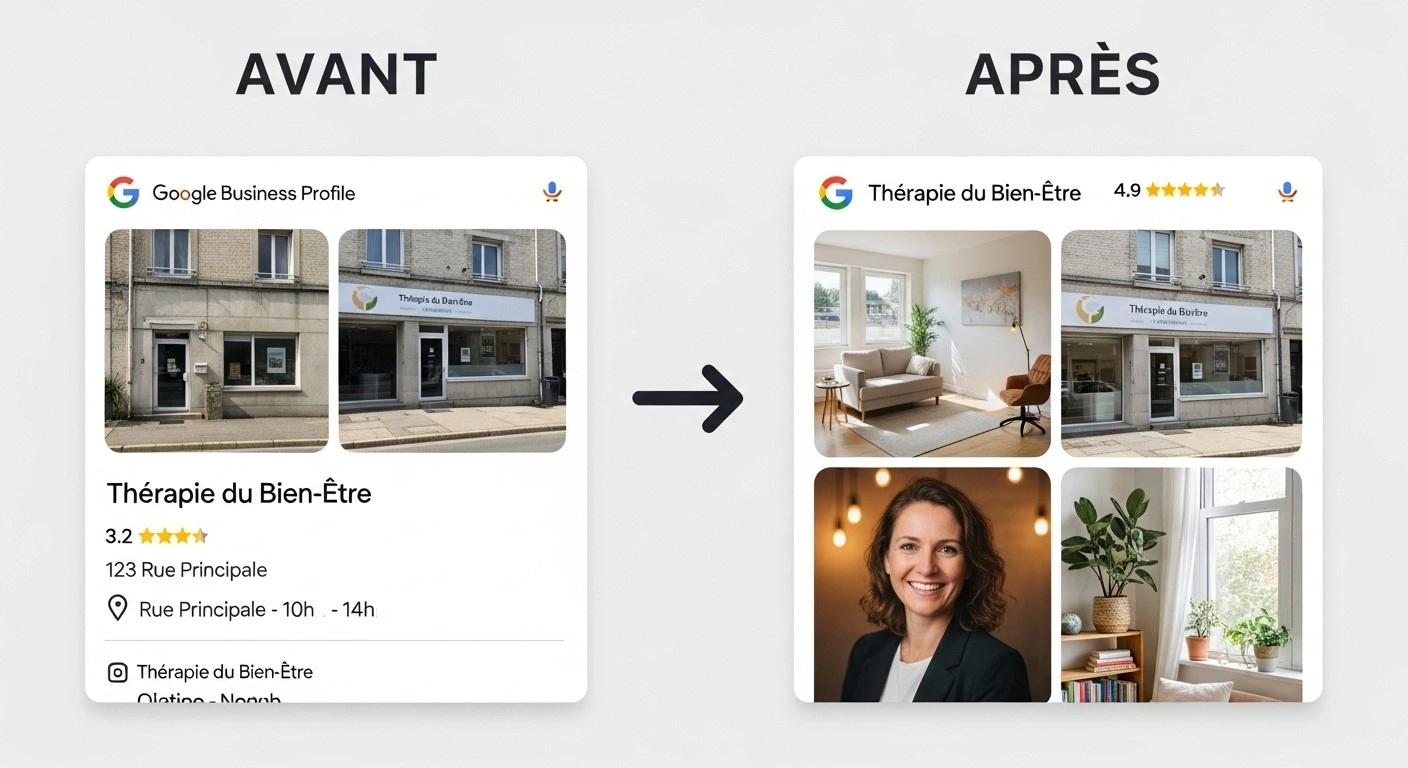 Comparaison avant/après d'une fiche Google Business avec de mauvaises puis de bonnes photos