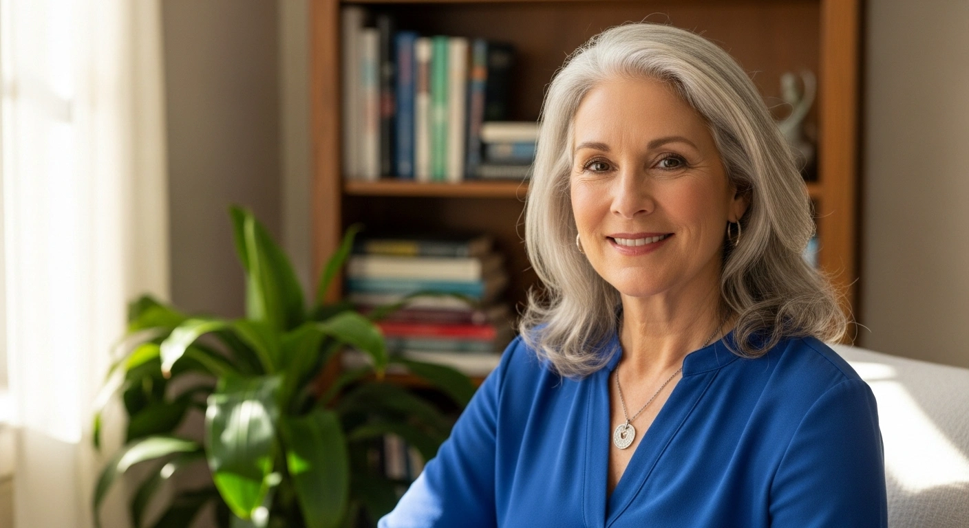 Portrait souriant d'un thérapeute dans son cabinet, illustrant la confiance