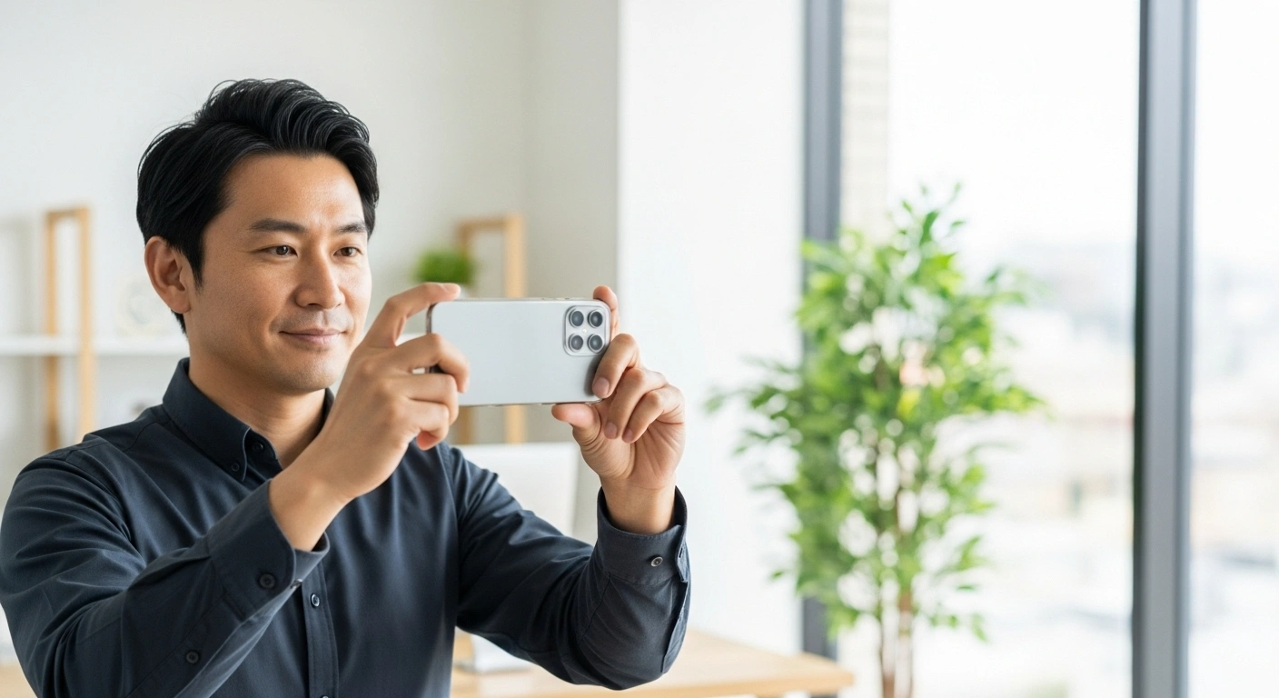 Smartphone prenant en photo un coin de cabinet de thérapie bien rangé et lumineux