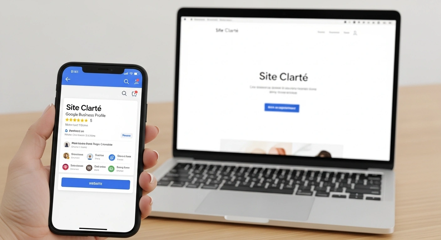 Smartphone montrant une fiche Google Business optimisée menant vers un site web professionnel et clair sur un ordinateur portable.