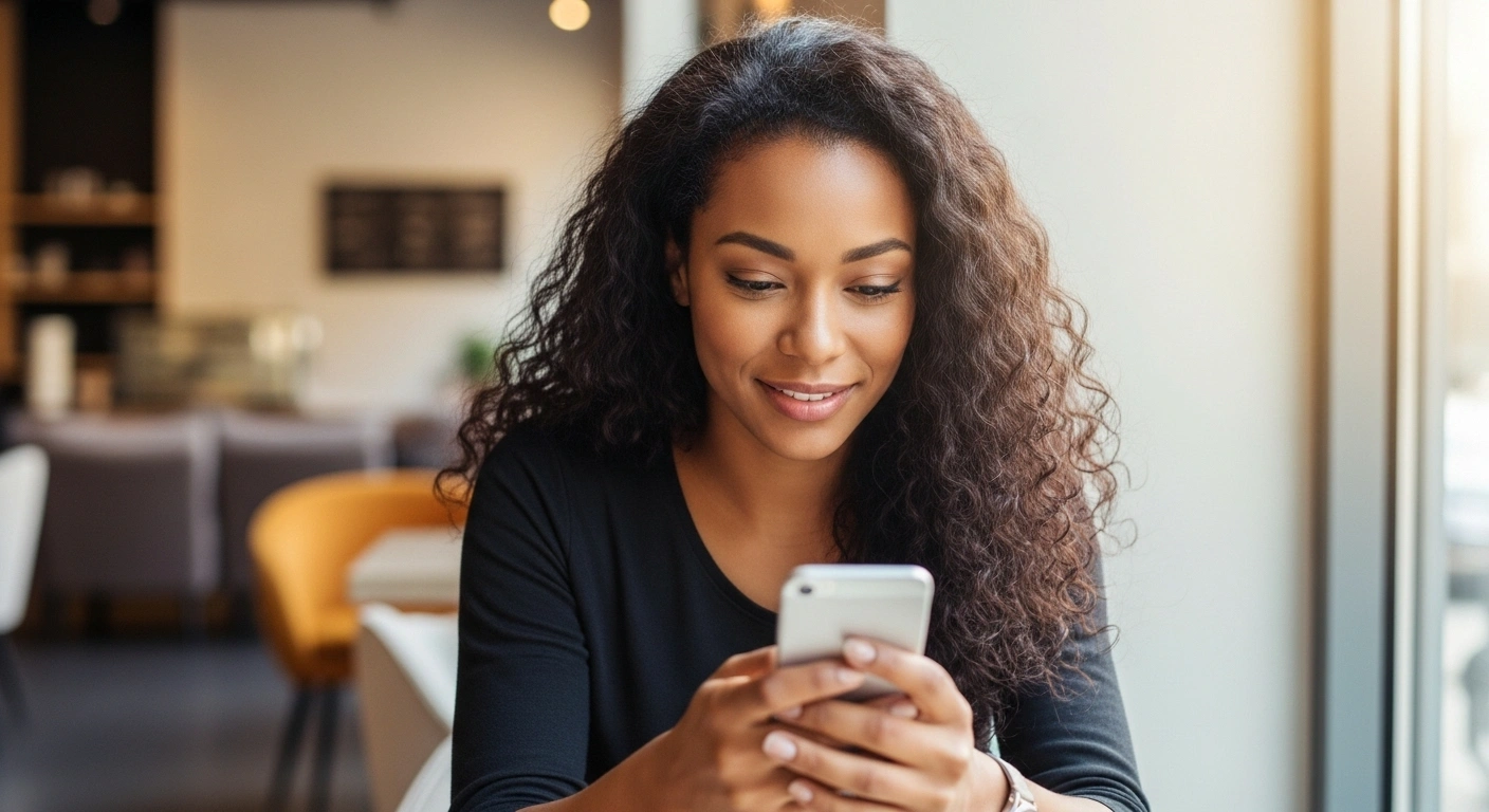 Personne consultant son téléphone avec un air rassuré et confiant