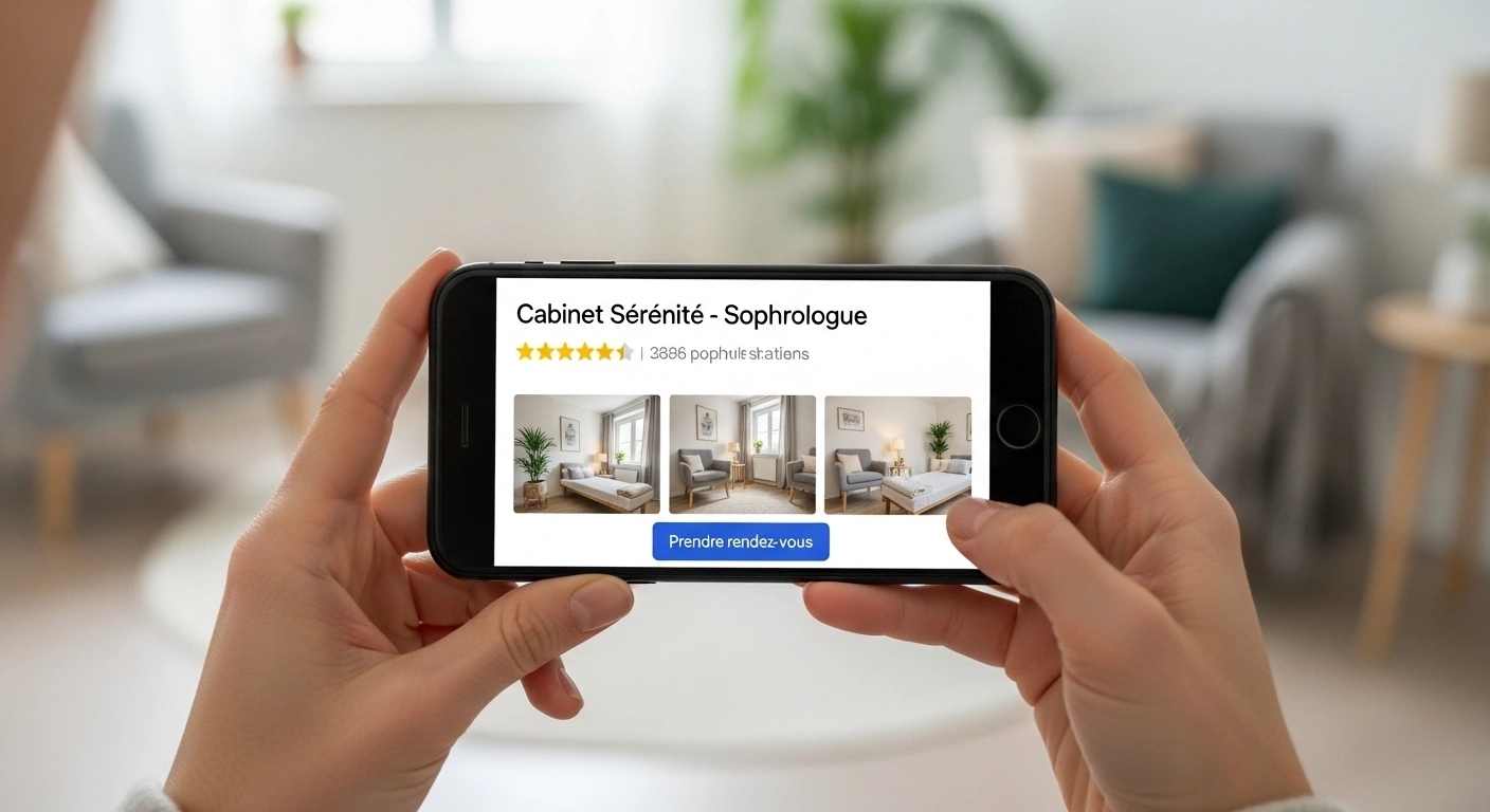 Maquette d'une fiche Google Business bien optimisée sur un smartphone
