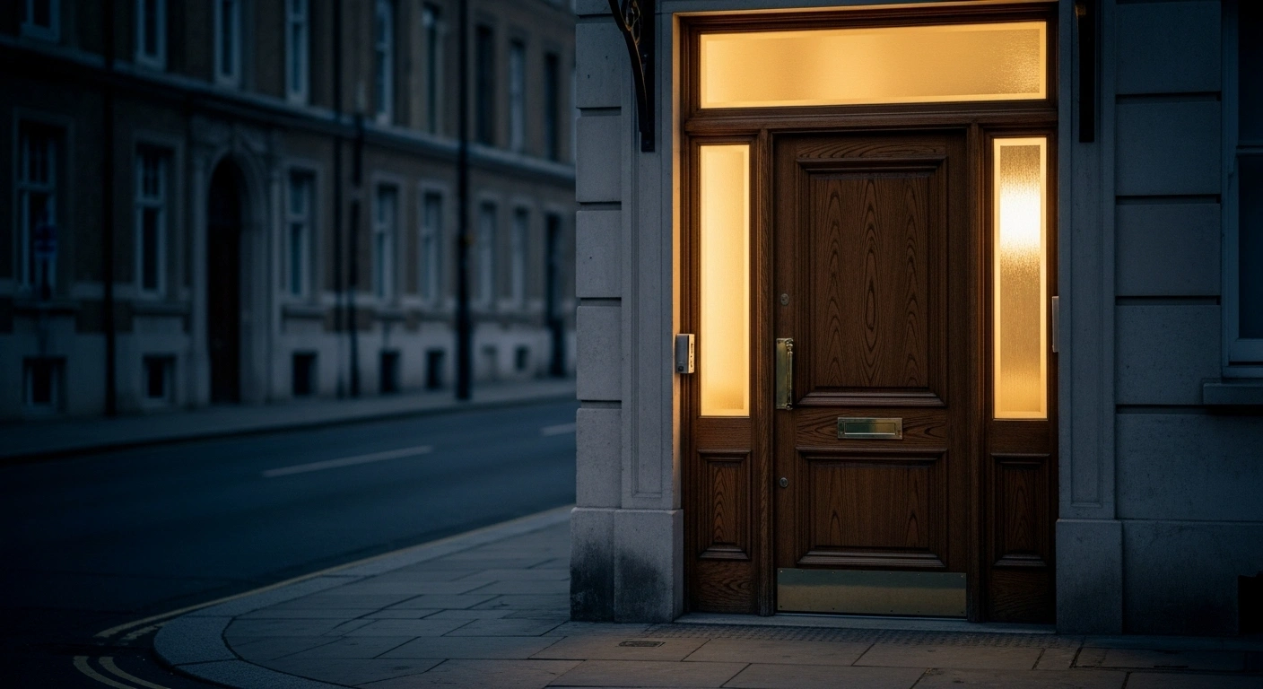 Porte de cabinet fermée sur une rue calme, symbolisant un commerce invisible
